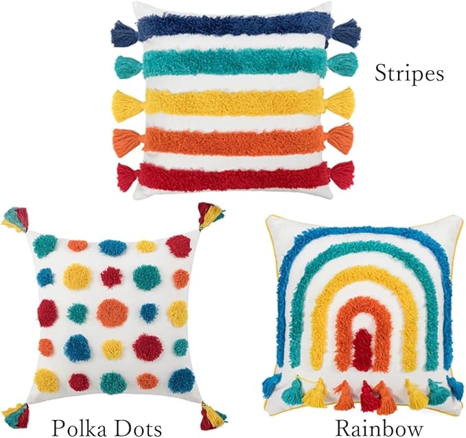 Rainbow Boho Throw Pillow Covers 18x18 Inch - Hand Tufted Cotton with Playful Tassels | Multicolor Stripes Pattern | Vibrant Nursery Kids Room Decor Sunset Rainbow Pack of 1,18" x 18" B