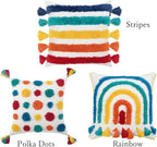 Rainbow Boho Throw Pillow Covers 18x18 Inch - Hand Tufted Cotton with Playful Tassels | Multicolor Pattern | Vibrant Nursery Kids Room Decor Sunset Rainbow Pack of 1,18" x 18" C