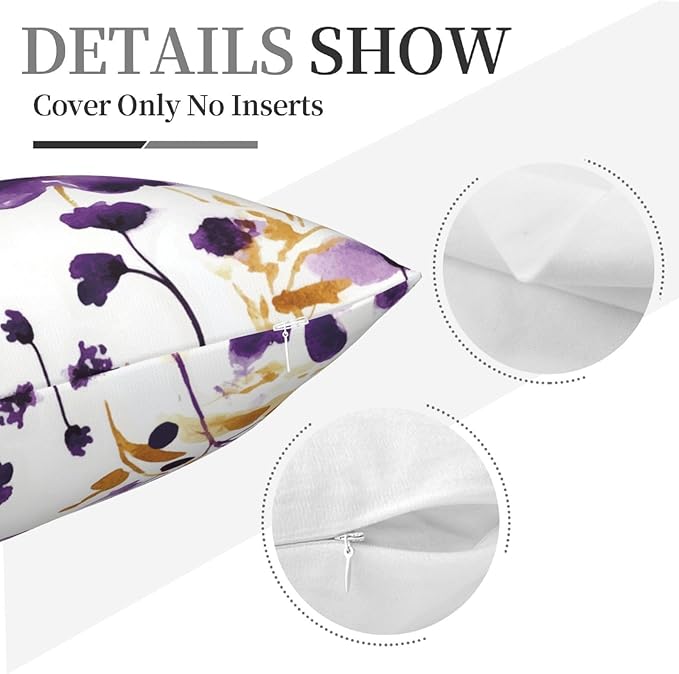 Purple Gold Watercolor Floral Throw Pillow Covers 18x18 Set of 2, Boho Gold Accent Flower Decorative Pillowcases, Spring Easter Farmhouse Cushion Covers for Couch Sofa Bedroom Living Room Home Decor