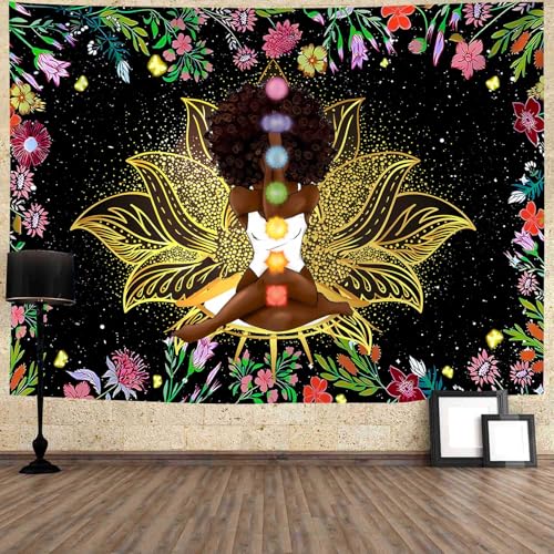 Ine Ive African Chakra Tapestry African American Woman Zen Meditation Poster Starry Sky Flower Garden Inspirational Afro Yoga Wall Art Tapestry for Bedroom Dorm Decor (60x51 inch) - size: 60"L x 51"W