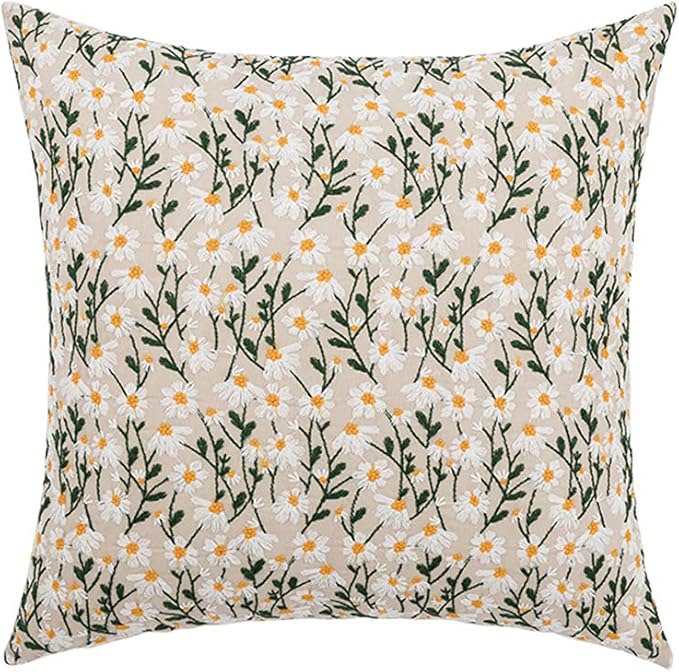 vctops Boho Floral Embroidery Decorative Throw Pillow Cover Daisy Embroidered Linen Cushion Cover for Couch Sofa Bed (Daisy,18"x18")