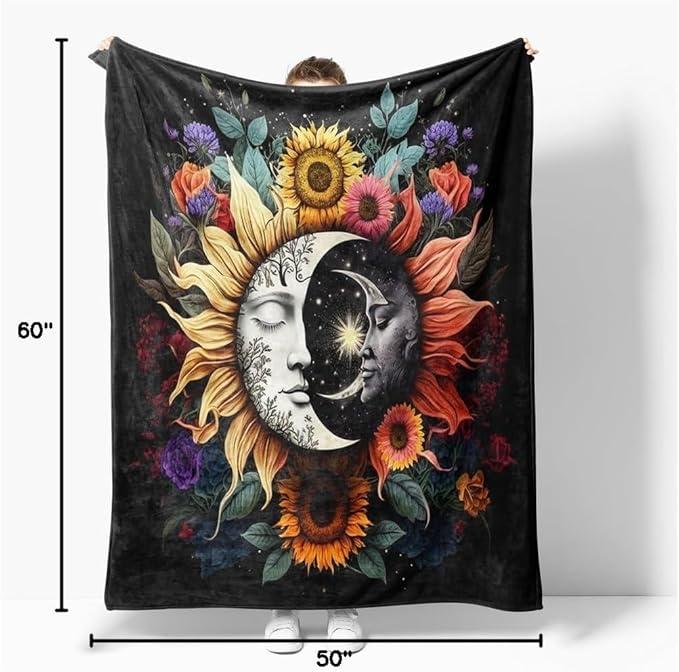 Celestial Sun Moon Flannel Blanket Boho Mid Century Day and Night Throw Blanket Farmhouse Colorfl Sunflower Throw Blanket Bed Blanket Yellow Flowers Plush Blanket for Bedroom Decor 50"x60"
