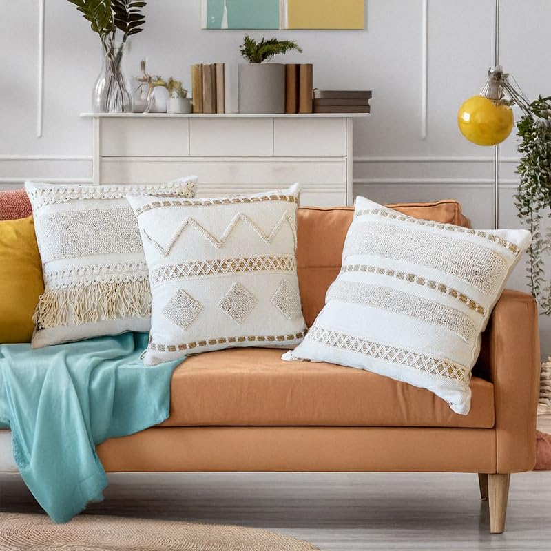 Handwoven Tufted Throw Pillow Cover with Tassels Boho Decorative Cushion Case for Couch Sofa Living Room Bedroom Home Decor - color: 1-003 Hand Woven Tufted Pillowcase