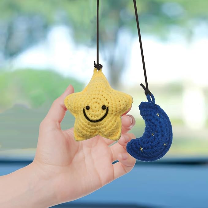 Car Rearview Mirror Hanging Ornament, Crochet Flower Basket Plant Accessories, Handmade Knitted Car Ornament Boho Accessories for Women (Star and Moon)