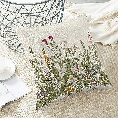 AEIOAE Sage Green Pillow Covers 16x16 Inch Set of 2, Spring Wildflower Plant Throw Pillows Case,Seasonal Floral Outdoor Decorative Flowers Farmhouse Decor Cushion Covers for Home Sofa Bed Couch - color: Wildflowers 01, size: 16" x 16" (Pack of 2)