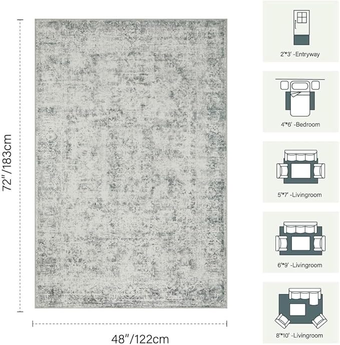 Area Rugs for Living Room Bedroom, Washable Rug, Grey Vintage Abstract Boho Rug, Non Slip & Low Pile Wool Carpet for Indoor Dining Room, Farmhouse, Kids Room and Office(Grey 4x6ft)
