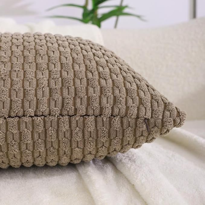 VAKADO Tan Decorative Throw Pillow Covers Couch Corduroy 22x22 Set of 4 Home Living Room Neutral Rustic Farmhouse Cushion Case Decor Boho Square for Bed Sofa