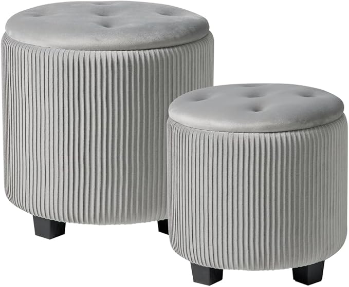 Big Round Ottoman with Storage Set of 2,Upholstered Velvet Vanity Stool for MakeupMultifunctional Foot Rest Coffee Table Padded Seat Tufted Ottomans for LivingRoom&Bedroom (Large Grey)