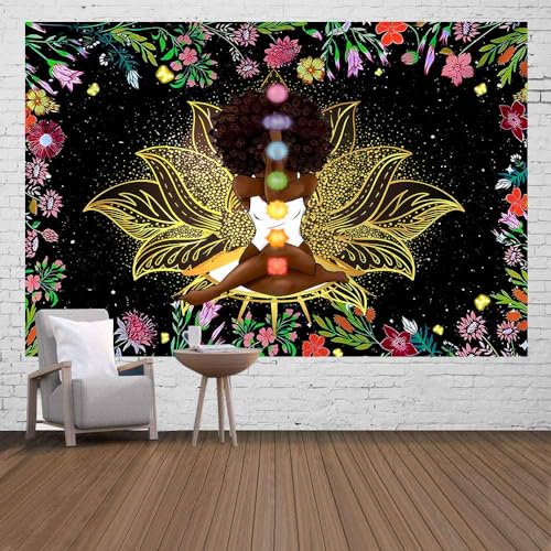 Ine Ive African Chakra Tapestry African American Woman Zen Meditation Tapestries 60x40 Inch Starry Sky Flower Garden Inspirational Afro Yoga Wall Art Poster for Bedroom Dorm Decor - size: 60"L x 40"W