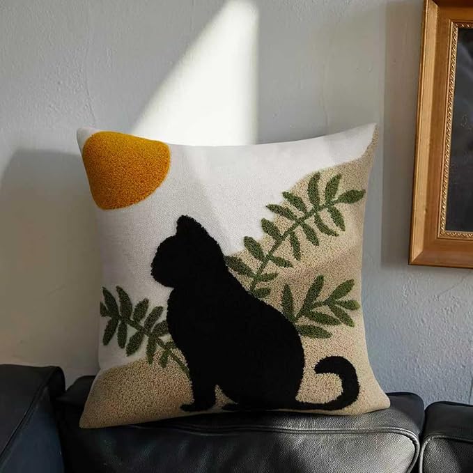 JASEN Cat Boho Throw Pillow Covers 18x18 Cute Absract Tufted Pillow Covers Cushion Case for Bed Couch Sofa Home Decor（Only 1 Pillow Cover）