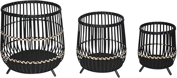 Set of 3 Woven Basket Decorative Planter Pot with Short Legs – Bamboo & Rattan Outdoor & Indoor Plant Pot – Modern Garden & Home Decor Planters – 13", 17", & 19", Black