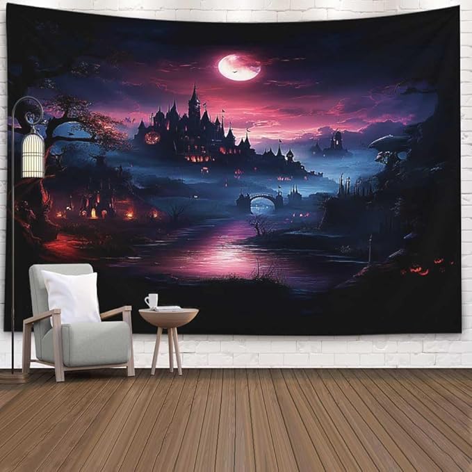EMMTEEY Halloween Tapestry Halloween Castle Red Moon Dark 80X60 Inch Large Tapestry Wall Art Hanging Tapetries for Bedroom Living Room Dorm Décor