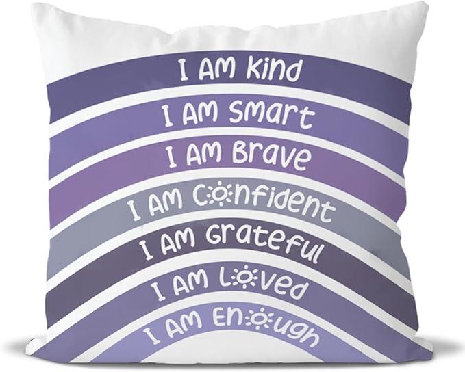 QIYUHOY Boho Rainbow Classroom Throw Pillow Covers, Book Center Calming Corner Playroom Decor Pillow Case, Purple Pillow Cover, I Am Kind Smart Brave Confidence 18x18 Inch(Purple)