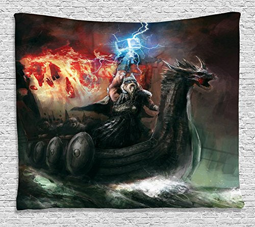 Ambesonne Dragon Tapestry, Imaginary Wrath of Vikings Royal Boat Animal Head Storm Rays, Wide Wall Hanging for Bedroom Living Room Dorm, 60" X 40", Charcoal Grey Red - color: Charcoal Grey Burnt Sienna, size: 60"L x 40"W