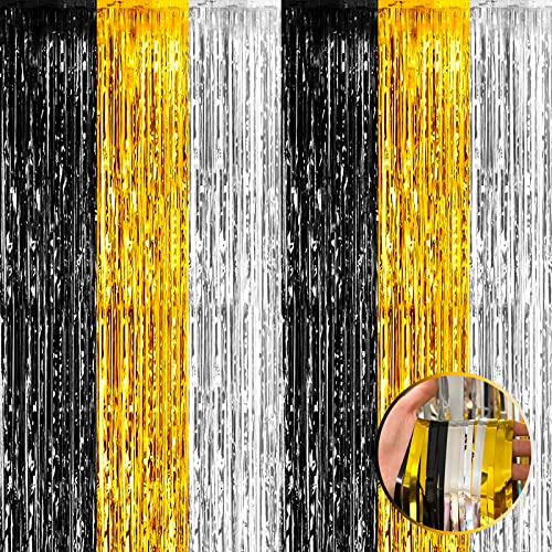 4 Pack Black Gold Silver Foil Fringe Curtain Backdrop, 3.28Ft x 8.2Ft Metallic Tinsel Foil Fringe Streamers for Photo Booth, Wedding, Notorious One Birthday Roaring 20s Graduation Party Decoration - color: Black,Gold,Silver