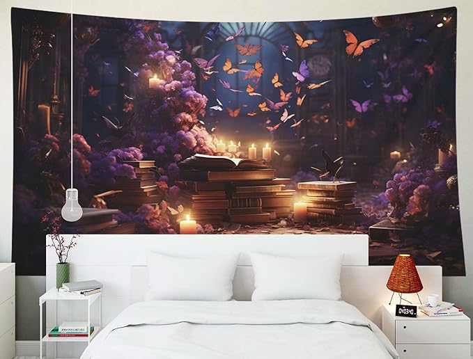 EMMTEEY Medieval Books Vintage Tapestry 80X60 Inch - Mystical Butterflies Living Room Wall Decor Fantasy Fairy Backdrop for Bedroom Dorm