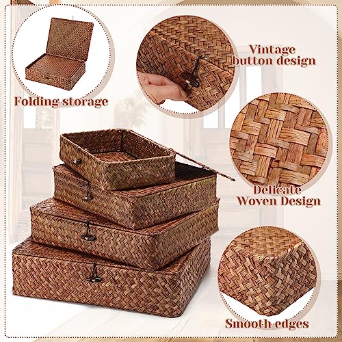 Didaey Set of 4 Seagrass Basket with Lid Wicker Storage Basket Decorative Storage Boxes with Lids Flat Storage Bins Woven Organizer Baskets for Shelf Closet Bedroom, 4 Sizes (Dark Brown) - color: Dark Brown