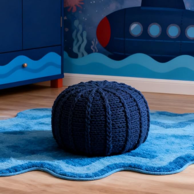 Round Pouf Ottoman, 18" Bordeaux Knitted Cotton Woven Round Pouf, Handmade Woven Bean Bag for Living Room, Floor Bag for Bedrooms, Home, Offices, Sofa Footrest (Deep Blue)