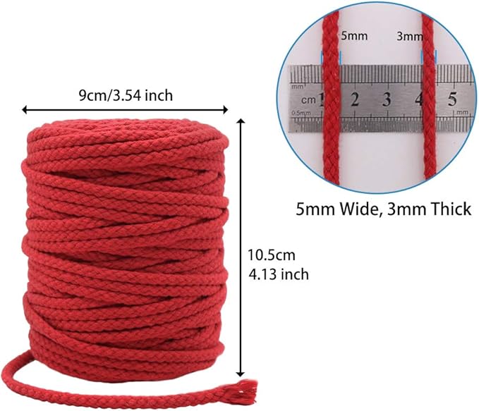 Tenn Well Braided Cotton Cord, 165 Feet 5mm Wide Cotton Macrame Rope for Plant Hangers Wall Hangings DIY Crafts (Red)