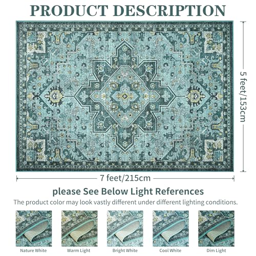 Foxmas 5x7 Area Rugs for Living Room Bedroom, Machine Washable Non-Slip Vintage Rug, Low Pile Throw Rugs with Rubber Backing Washable Carpet for Dining Room Kitchen Home Decor, Teal - color: Teal/Multi, size: 5' X 7' (Rectangular)