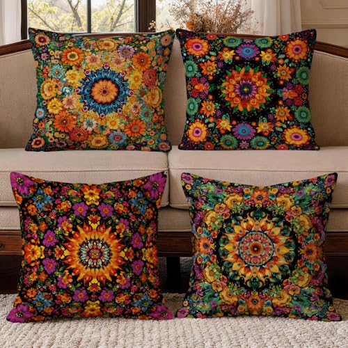 OBSEDE Boho Mandala Decorative Throw Pillow Covers 18x18 Set of 4, Vintage Floral Pillow Cases for Sofa Couch Living Room Decor - color: Classic Mandala Bloom Pattern, size: 18" x 18" (Pack of 4)