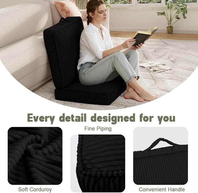 Floor Pillow for Adults, 4" Square Floor Cushions with Washable Cover, Large Corduroy Meditation Pillow, 22 inches Tatami Seat with Handle for Living Room or Yoga, Black