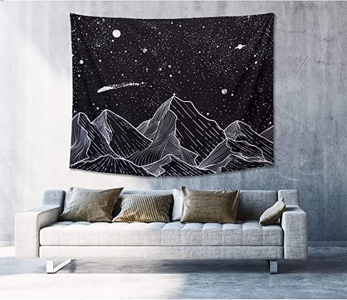 Zussun Black and White Tapestry Starry Night Mountain Tapestries for Bedroom Aesthetic Moon and Stars Tapastry's Wall Hanging Dark Nature Forest Wall Tapestry for Living Room Dorm (Dark, 48'' × 36'')