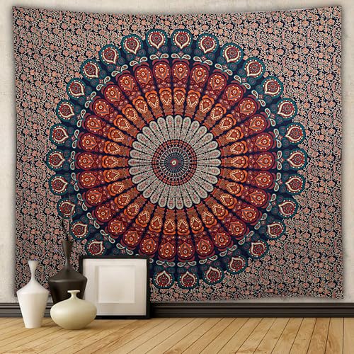 FURNISHFUL FINESSE Handmade Cotton Peacock Mandala Tapestry - Boho Wall Decor, Bohemian Hippie Room Hanging for Bedroom, Dorm & Living Room Aesthetic - 60x50 Inches, (Golden Blue) - color: Golden Blue, size: 60"L x 50"W