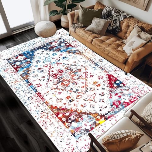 Vintage Inspired Distressed Red Blue Cream Soft Wool Area Rug 2x3 Non Shedding Machine Washable Antique Rug for Living Room Bedroom Diningroom Art Deco Home Office Dorm Nursery Floor Carpets - color: E, size: 2x3