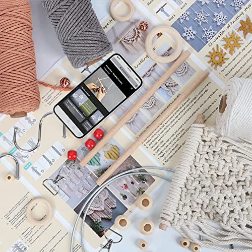 UHAPEER Macrame Kits for Adults Beginners with 656 Feet 3 mm Macrame Cotton Cord, DIY Macrame Plant Hanger Kit with Macrame Supplies and Instructions, Macrame Meads, Wooden Rings, Dream Catcher Rings - color: Beige Pink & Grey
