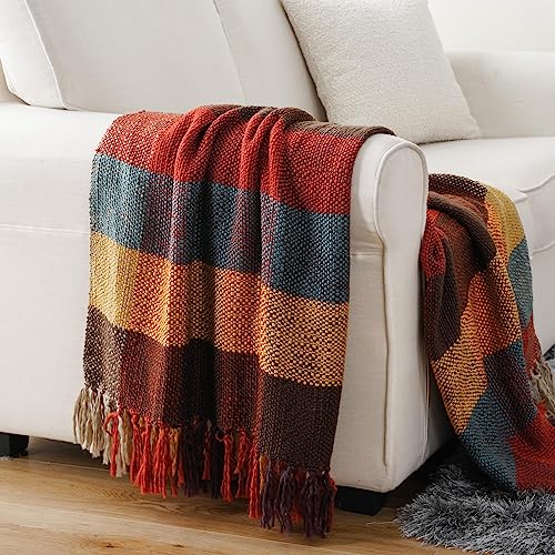 BATTILO HOME Fall Plaid Throw Blanket for Couch, Colorful Throw Blankets, Orange Checkered Throw Blanket for Chair Bed Sofa Rustic Home Decor Fall Decor, 50"x60" - color: Yellow&red