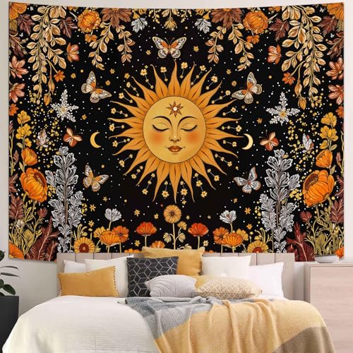 Kanuyee Sun and Moon Tapestry Nature Style Tapestry for Bedroom Celestial Starry Sky tapestries Wall Hanging Aesthetic Room Decor Smiling Sun with Butterflies 80"x60" - color: Black Orange, size: 80"L x 60"W