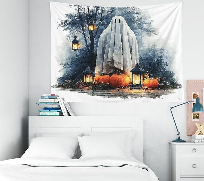 EMMTEEY Horror Tapestry Happy Halloween Ghost Pumpkins Ceiling Tapestry 50X60 Vertical Wall Art for Bedroom Living Room Fall Backdrop