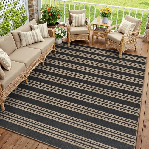 PureCozy Striped Easy Jute Rug 6x9 Black Living Room Carpet Washable Non Slip Bedroom Rug Farmhouse Neutral Non Shedding Indoor Outdoor Large Carpet for Dining Room Under Table Office - color: Black/Striped, size: 6' x 9' (Rectangular)