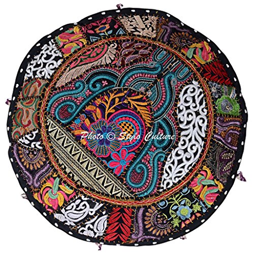 Traditional Cotton Patchwork Embroidered Ottoman Stool Pouf Cover Black Floral Seat 45 cm Seating Pouffe Case Bean Bag Home Decor - color: Black
