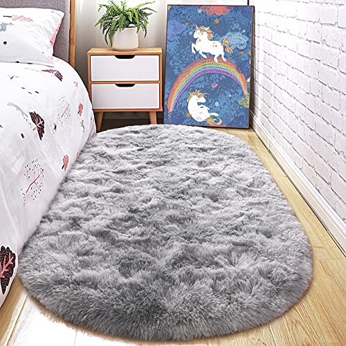 junovo Ultra Soft Washable Shaggy Rug - Non-Slip Oval Carpet for Nursery, Kids Bedroom & Home Decor (2.6x5.3ft Light Gray tie-dye) | Plush Fluffy Floor Mat for Cozy Living Spaces. - color: Tie-dye Light Grey, size: 2.6' x 5.3'