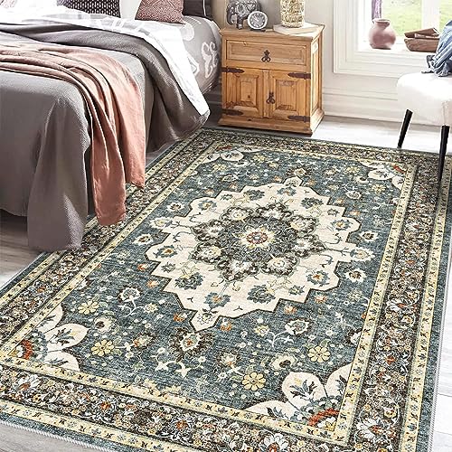 TOPRUUG Washable Oriental Area Rug - 3x5 Rugs for Living Room Soft Carpet for Bedroom Waterproof Floral Distressed Indoor Stain Resistant Non-Shedding Floor Carpets (Blue, 3X5) - color: Blue, size: 3' x 5' (Rectangular)
