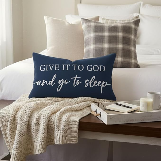 Decorative Throw Pillow Covers 12x20 Inch Set of 2 – Blue Christian Lumbar Pillowcase – Give It to God and Go to Sleep/Relax God’s Got This – Faith Bedroom Bed Decor
