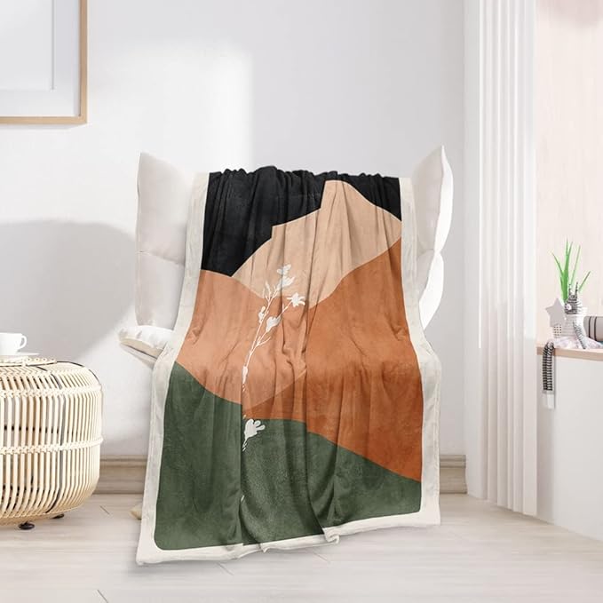 Boho Orange Mid Century Blankets Abstract Modern Throw Blanket Minimalist Sun Aesthetic Soft Warm Bed Bedding Women Blankets for Couch Bedroom Sofa Office Cozy Flannel Blankets 60"X80"