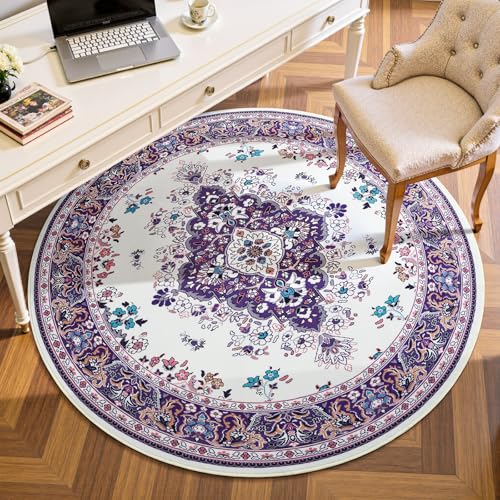 HOMORE Vintage Round Rug 4ft Washable Non Slip Circle Rugs 48inch Indoor Carpet for Bedroom Living Room Dining Room Kids Room Home Office Dorm,Purple - color: Purple, size: 4' (Round)