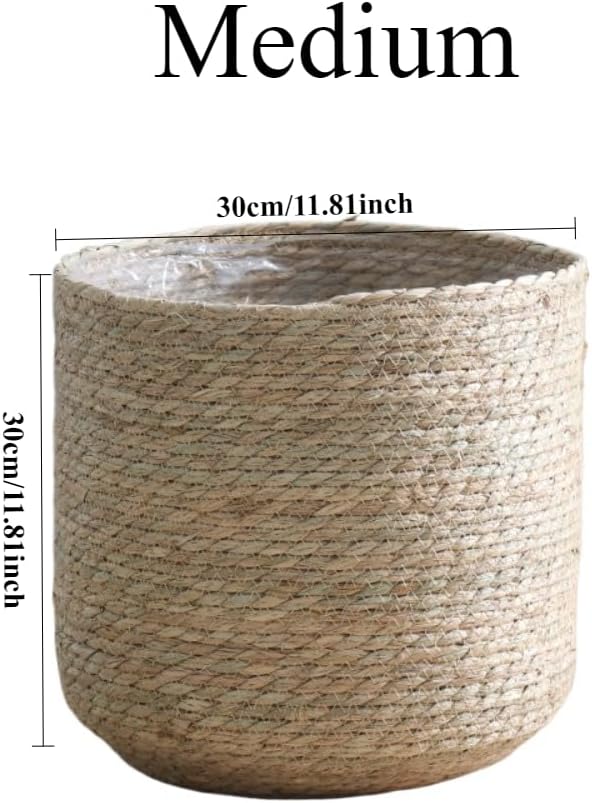 11.8 inch Seagrass Woven Planter Basket - Wicker Planter Basket with Plastic Film Insert for Indoor Plants, Large Monstera Pot, Woven Storage Basket, Boho Home Decor (Medium)