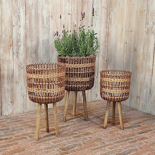 Sagebrook Home Set of 3 Wooden Planter Stands Bamboo Decorative Flower Pots for Indoor Outdoor Use, Rustic Woven Plant Holders with Legs for Home & Garden Decor, 19", 22"& 26" H - color: Woven Brown, size: 26" H