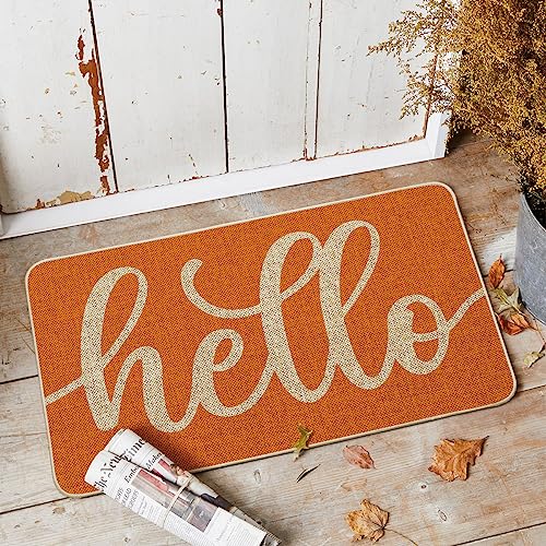Artoid Mode Orange Hello Fall Doormat, Autumn Home Decor Low-Profile Switch Rug Door Mat Floor Mat for Indoor Outdoor 17x29 Inch - color: Orange, size: 17" x 29"