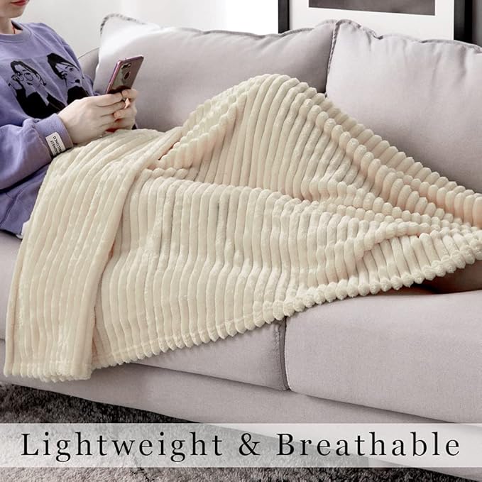 MIULEE Fleece Throw Blanket with Stripe Pattern Fuzzy Flannel Beige Blanket for Couch Plush Warm Cozy Bed Blanket Boho Decor for Bed Sofa Chair Throw Size 50"x60"