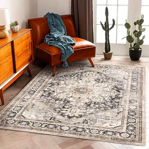 CHAMPLANT 3'x5' Washable Thin Area Rug Black-Purple Khaki Vintage Traditional Floor Cover Foldable Indoor Distressed Non Slip Carpet for Bedroom Living Room Bathroom - color: Black-purple Khaki, size: 3' x 5' (Rectangular)