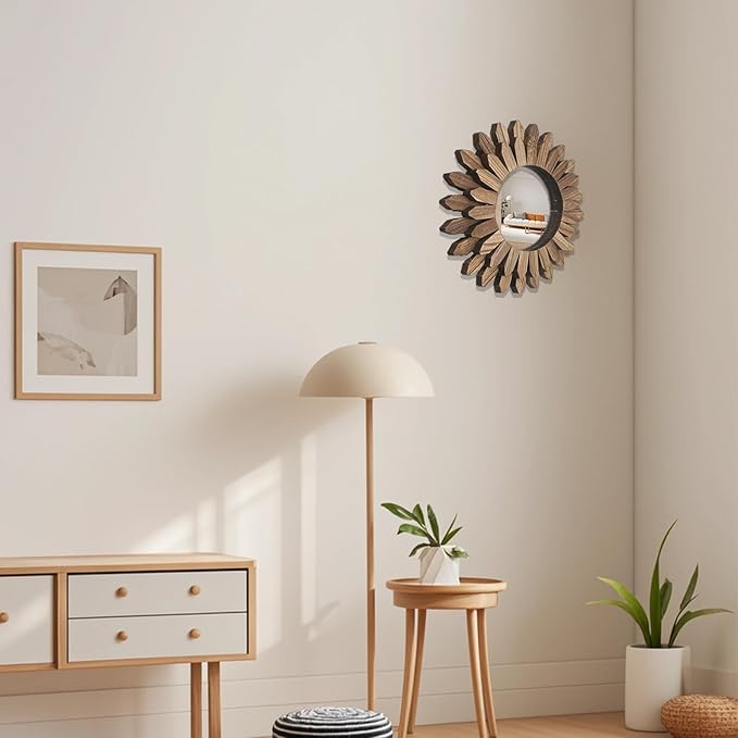 CEYAZYE Wooden Wall Mirror Decorative, Rustic Wood Mirror Decor 12in/30cm Sunburst Boho Hanging Mirrors for Bedroom Living Room Bathroom Entryway Farmhouse Home Gift with Nice Sticker Decals