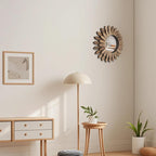 CEYAZYE Wooden Wall Mirror Decorative, Rustic Wood Mirror Decor 12in/30cm Sunburst Boho Hanging Mirrors for Bedroom Living Room Bathroom Entryway Farmhouse Home Gift with Nice Sticker Decals