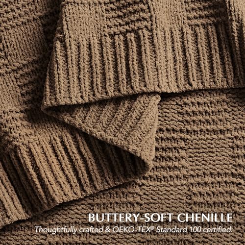 EVERGRACEHOME Modern Checkered Chenille Throw Blanket, Soft Cozy Plaid Knitted Blanket for Sofa & Couch, Decorative Knit Throw for Bed and Living Room, Camel Brown, 60" x 80" - color: Checkered Camel Brown, size: 60" X 80"