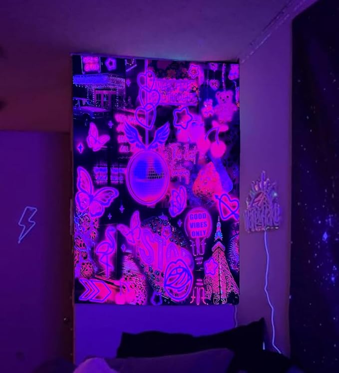 XL Pink Neon Tapestry for Bedroom Aesthetic Retro Blacklight Tapestry Glow in the Dark Ceiling Tapestries Wall Hanging Black Light Poster UV Reactive Extra Large Fabric Wall Hanging Tapestries 71”x90”