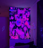 XL Pink Neon Tapestry for Bedroom Aesthetic Retro Blacklight Tapestry Glow in the Dark Ceiling Tapestries Wall Hanging Black Light Poster UV Reactive Extra Large Fabric Wall Hanging Tapestries 71”x90”